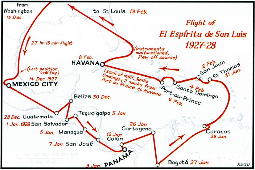 A map of Latin America and the Caribbean with a red marking of the route taken by Charles Lindbergh in 1927 into 1928.