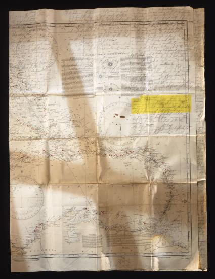 A mapped chart of the Caribbean that Lindbergh used on his trip to Cuba, featuring a speech he wrote for his stop in Havana.