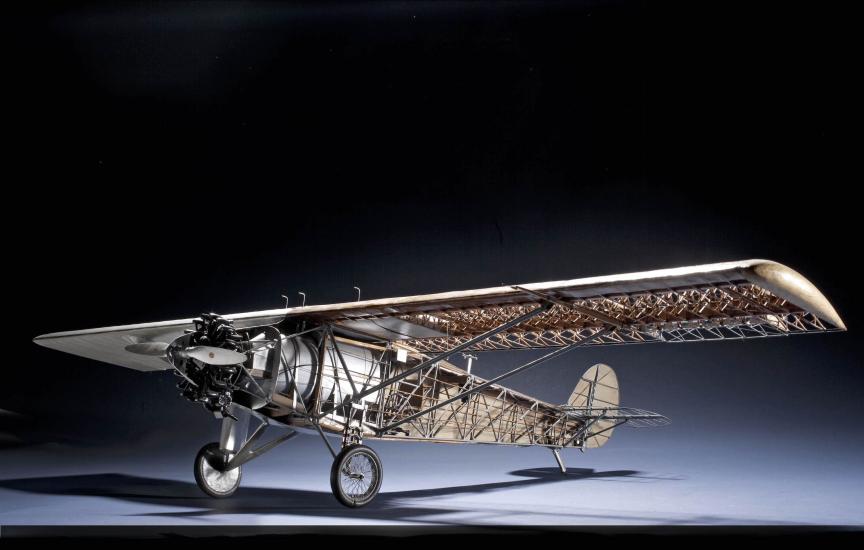 Cutway model of the Spirit of St. Louis, a monoplane.