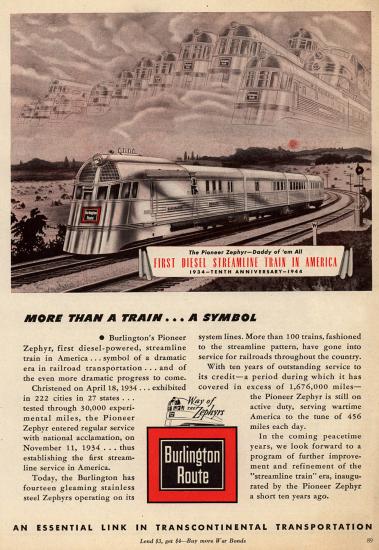 Advertisement for a steamlined train located in the United States in the 1930s. The advertisement features a drawing of a train with trains in the clouds.