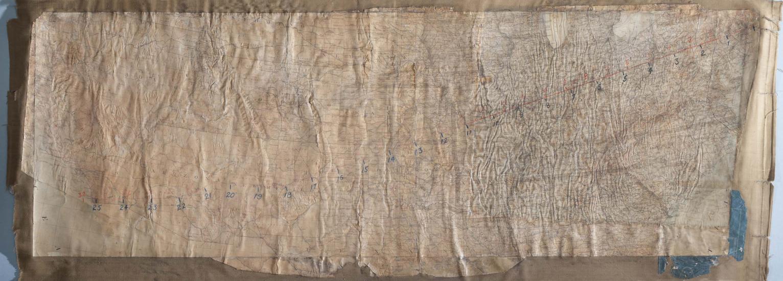 Close-up view of faded map of the United States used to mark stops on the first successful transcontinental flight.