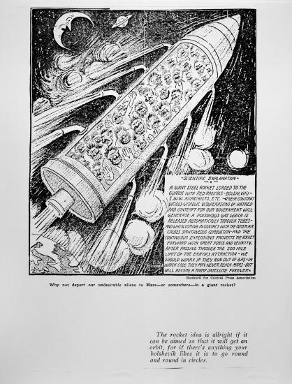 A satirical cartoon suggesting that "radicals" should be shot to the Moon by a rocket. The cartoon features a large group of people in a rocket soaring away from Earth in the bottom corner.