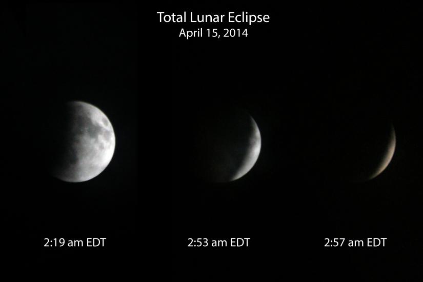 Three different views of a total lunar eclipse, placed in the order of which they occurred from the farthest from totality to the closest to totality.