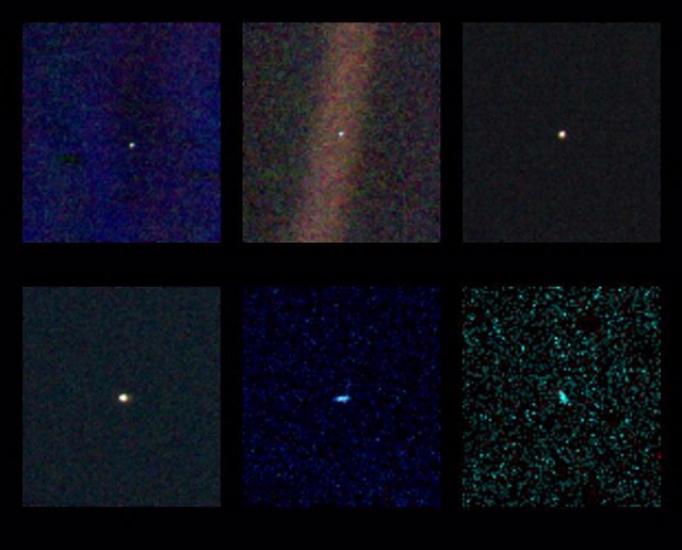 A set of six images of the whole solar system, featured as a pale blue dot in each photo.