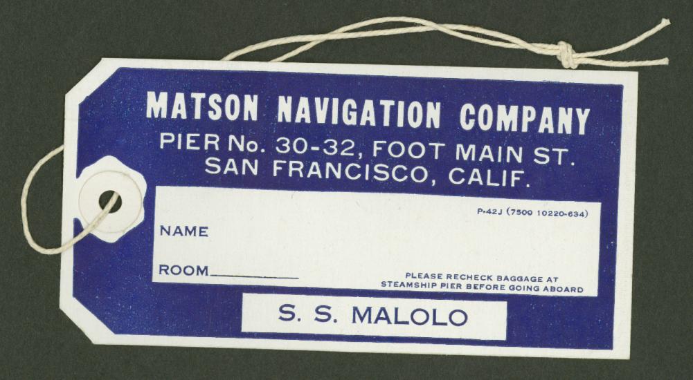 S.S. <em>Malolo</em> Baggage Tag