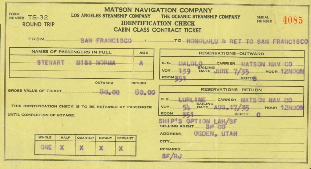 Matson Navigation Company Ticket