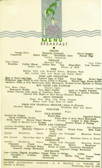 S.S. <em>Malolo</em> Breakfast Menu