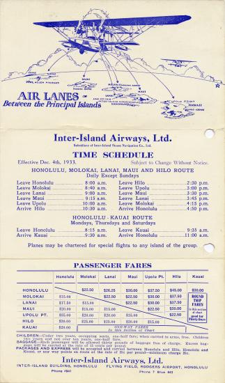 Inter-Island Airways Timetable 1929