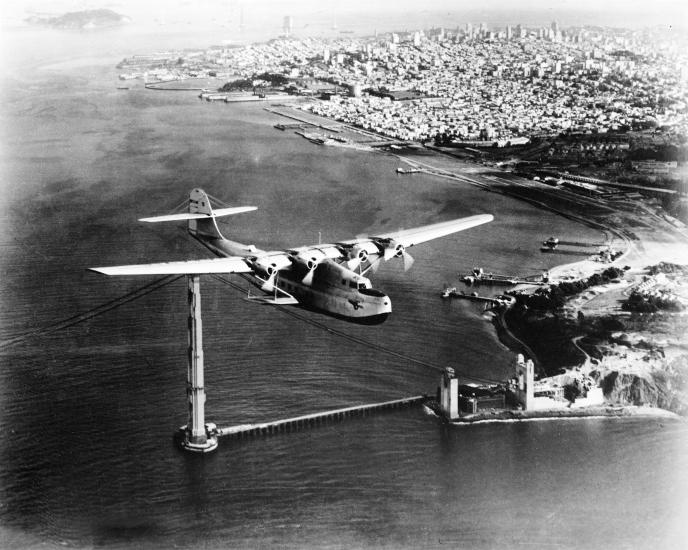 <em>China Clipper</em> over Golden Gate Bridge