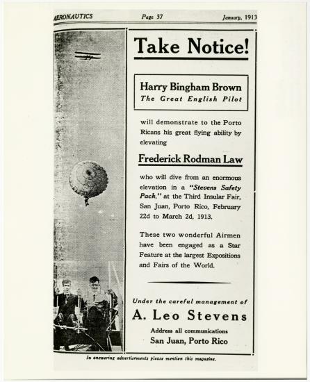 A black and white newspaper advertisement for a pilot demonstration featuring pilot Harry Bingham Brown and parachutist Frederick Rodman Law.