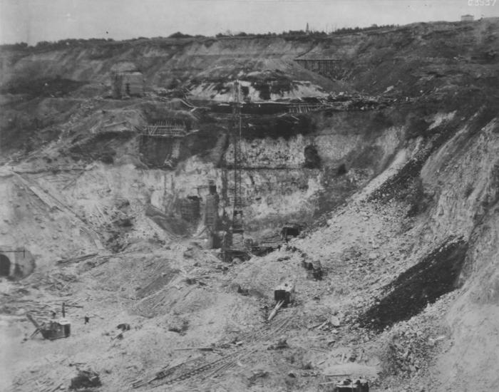 View of a quarry hiding a complex used by Germany to hold V-2 rockets prior to launching them.