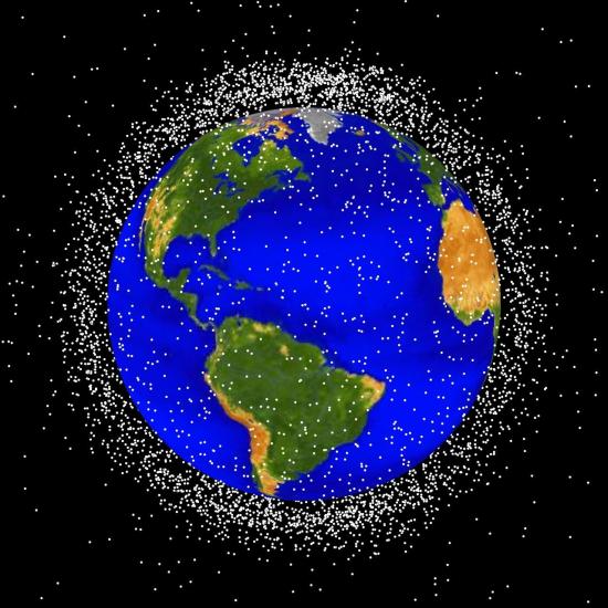 A view illuminating objects orbiting the Earth. Each white dot represents an object.