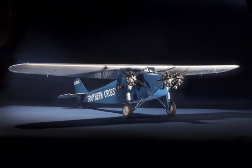 Blue monoplane model with silver-colored underwing and one engine. "Southern Cross" is painted in white on side of the fuselage.