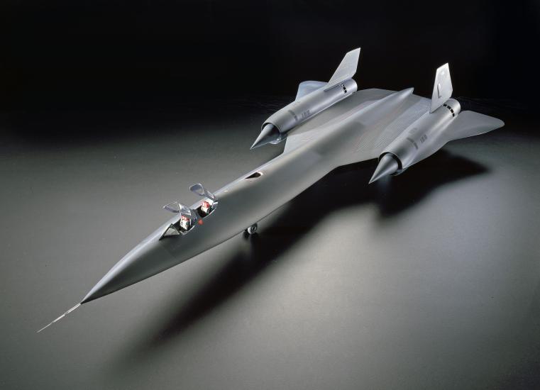 Exhibit model of a Lockheed SR-71A Blackbird twin jet-engine, high-speed reconnaissance aircraft