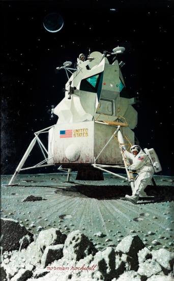 Oil painting of the Apollo 11 landing, featuring the Lunar Module and Neil Armstrong just seconds from taking his first step on the Moon.