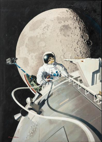 Acrylic painting of astronaut James Irwin performing the first deep space spacewalk near the Apollo command module. The moon can be seen behind Irwin.