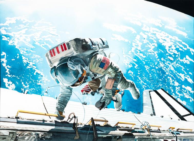 Watercolor painting of astronaut Dale Gardner performing a spacewalk outside the Space Shuttle Discovery. A large section of Earth provides a backdrop.