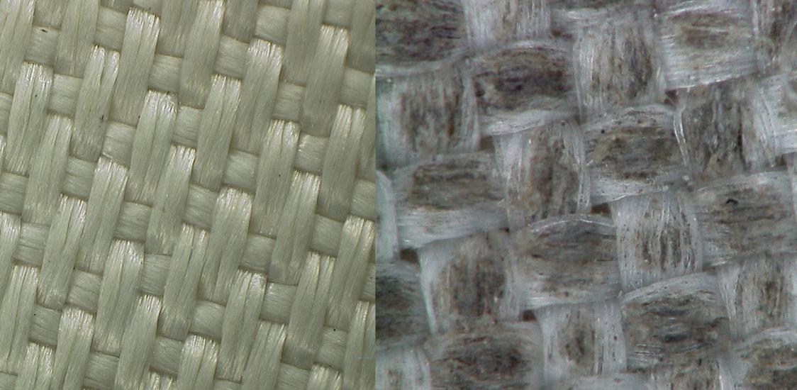 Close-up view comparing the yellow, tan brown, small weaved fabric on a Russian cosmonaut's glove versus the larger weaved fabric on the glove of a U.S. astronaut. The U.S. glove has lunar dust on the fabric.