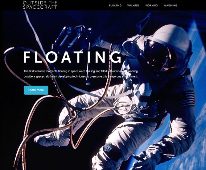 A screenshot of the Museum's website for an exhibit on spaceflights and extra-vehicular activity. The background features an astronaut attached to cables as they float in space.