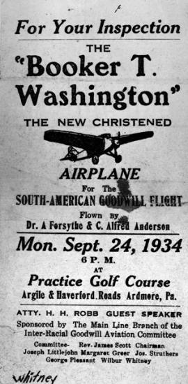 A flyer promoting an exhibition featuring the Booker T. Washington airplane.