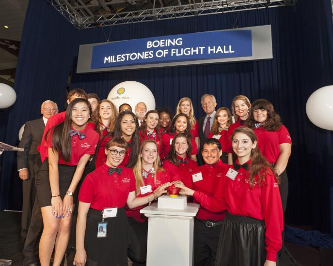 Museum Explainers at the unveiling of the Boeing Milestones of Flight Hall