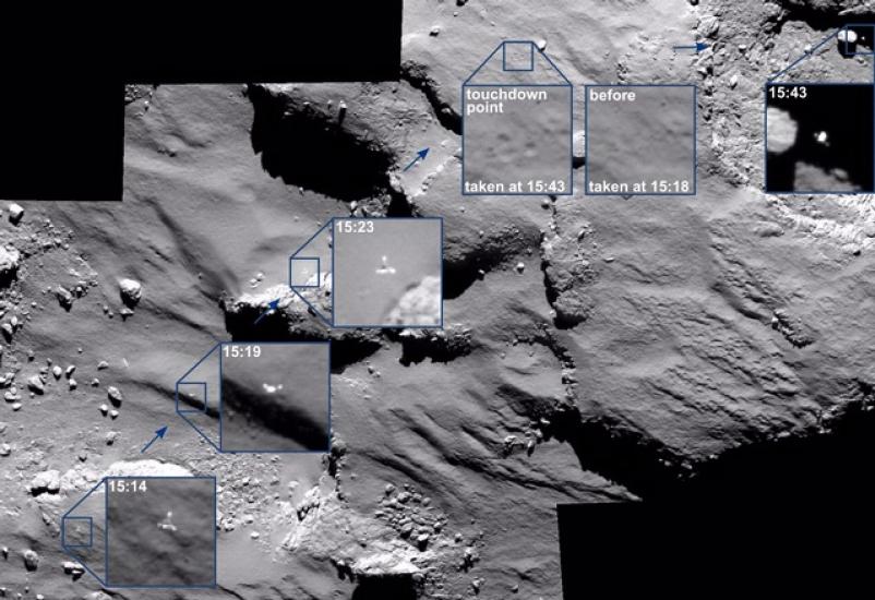 Different perspectives of a small spacecraft landing on a comet from the perspective of its mother spacecraft. The comet has a gray, rocky appearance.