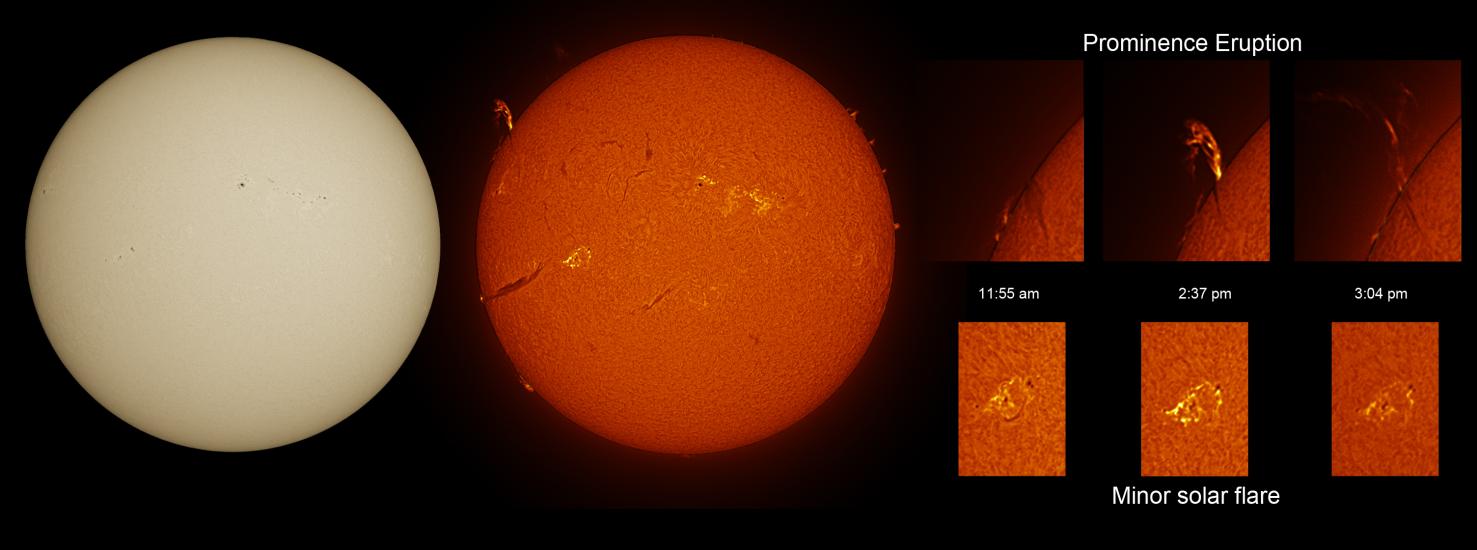 Two disk views of the Sun, side-by-side, with further panels to the right showing specific features. The left disk view reveals the Sun's surface and shows a few sunspots (dark spots). On the right disk, the Sun's chromosphere reveals filaments (dark lines of gases floating above the Sun) and prominences (floating gases above the edge of the disk) on the right side. Multiple phages (lighter cloud areas) surrounding dark spots are also visible. The set of panels reveal the highlights in a closer view.