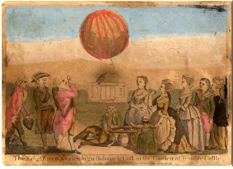 An art print of people, including the King and Queen of England, observing a balloon lifting off at a castle.