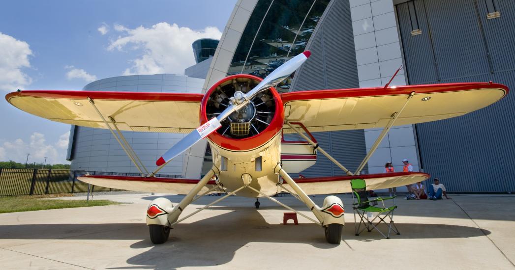 Frontal view of WACO AGC-8, a biplane with one two-blade propellor.