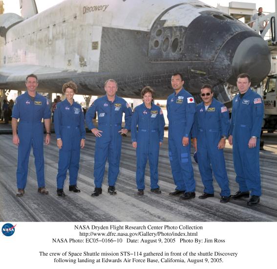 The seven members of the Space Shuttle mission STS-114 stand in front of the Space Shuttle Discovery for a group photo in their blue flight gear.