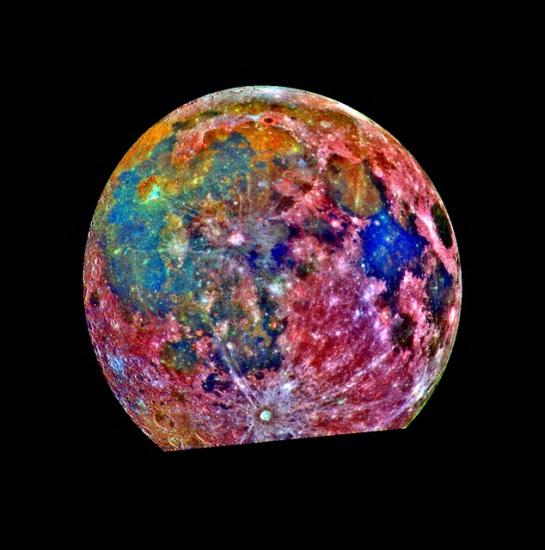 A mosaic of the moon using colours not featured on the moon to emphasize various features