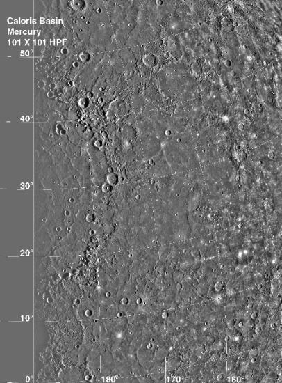 A satellite view of the Caloris Basin on Mercury. The basin features many craters of various sizes.