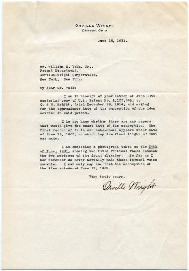 Letter from Orville Wright to the Curtiss-Wright Corporation