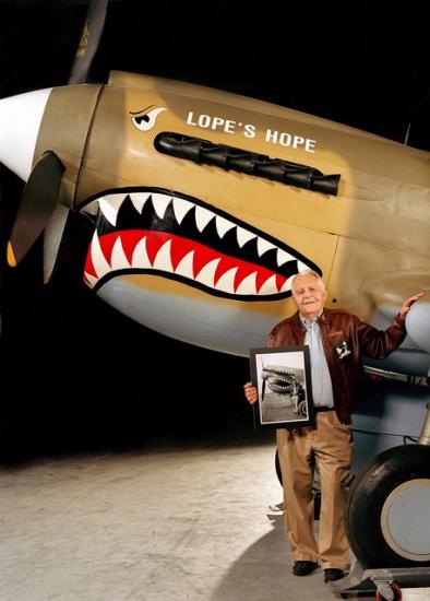 Donald Lopez with Curtiss P-40 at the Udvar-Hazy Center