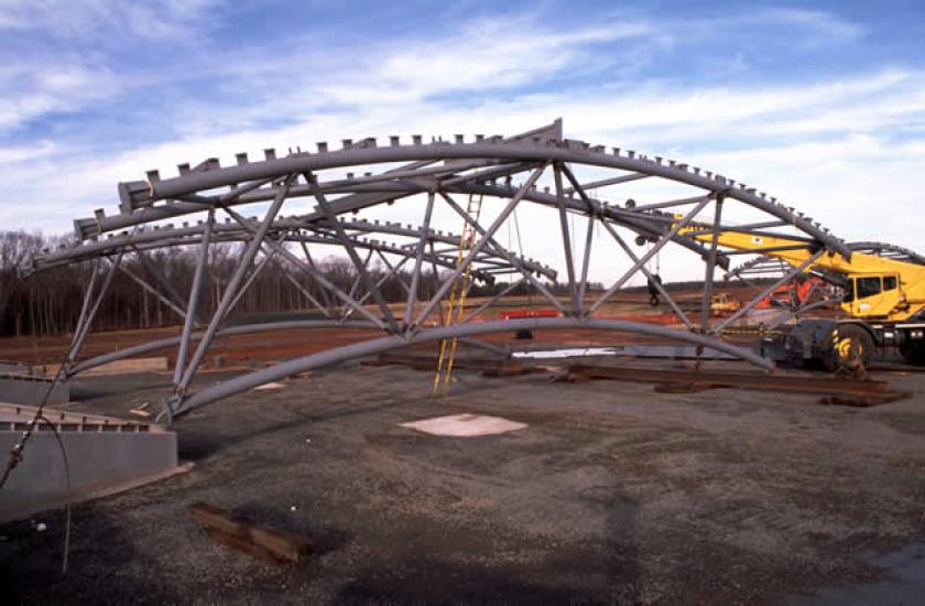 One end of 3-piece truss ready for erection