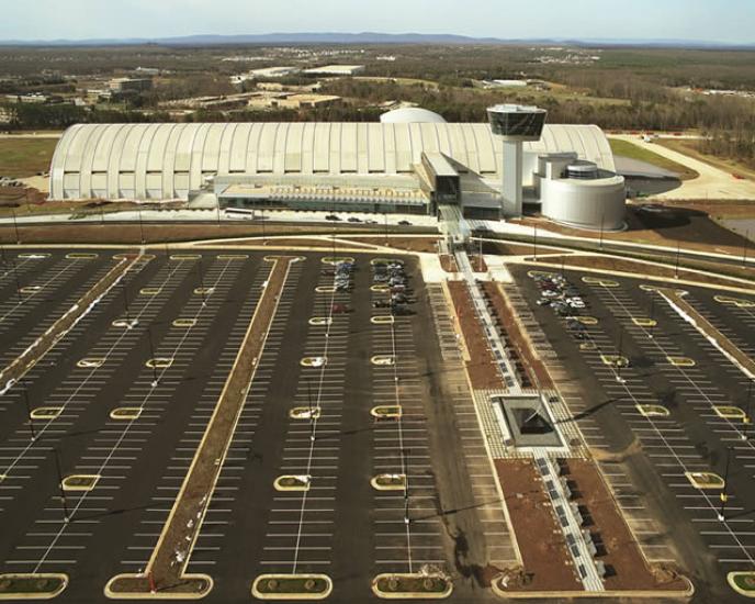 View from above of the Udvar-Hazy Center building and parking lot.