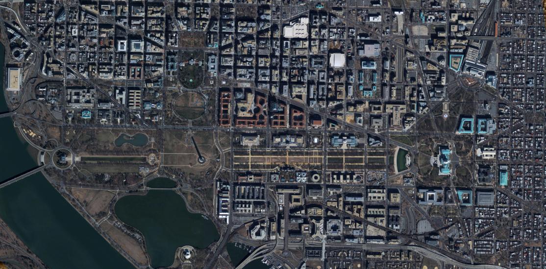 Satellite view of Washington, D.C., with many buildings on display.