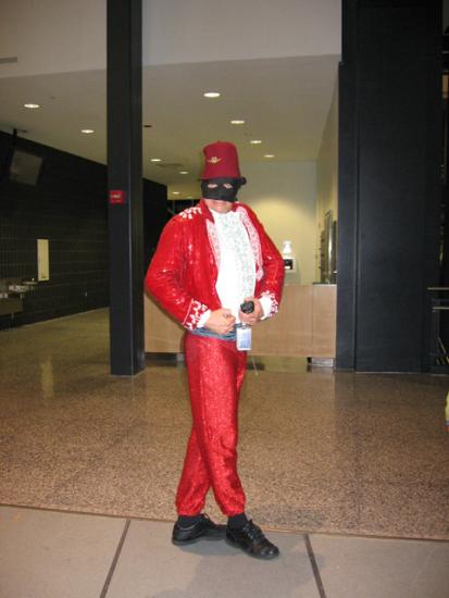 Costumed Museum Employee Ready to Greet Visitors to Air & Scare