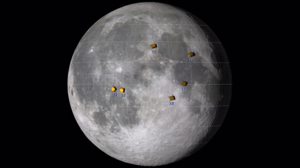 Approximate locations of the Apollo moon landing sites