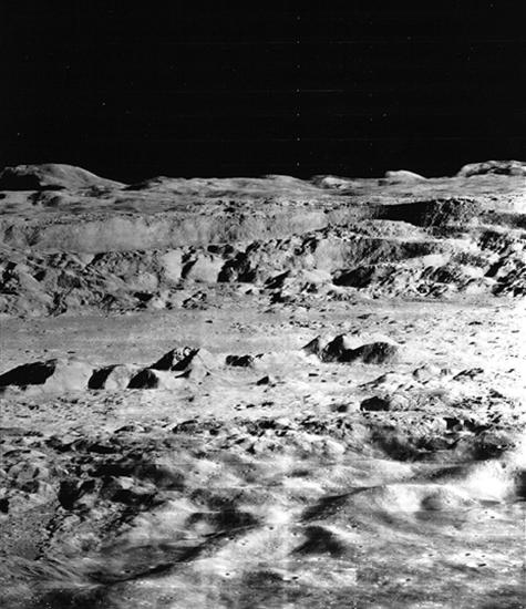 Close-up, Lunar Orbiter 2 view of the Copernicus crater, a deep, large crater on the Moon