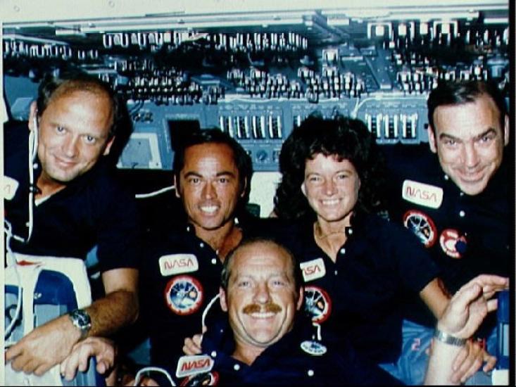 The five crew members of STS-7 pose for a photo on board Space Shuttle Challenger