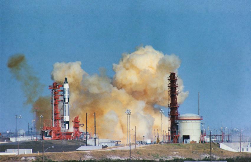 Smoke surrounding the Gemini 6 as a result of a launch abort prior to its successful launch