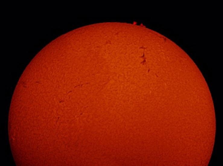 A view of part of the Sun featuring filaments of steam and prominences of plasma rising from the sun.