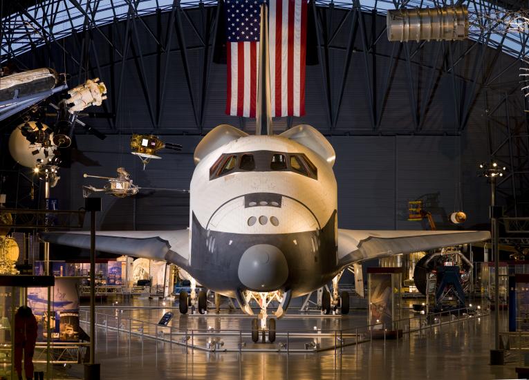 Front-facing view of the Space Shuttle Enterprise, with a focus on the nose and cockpit