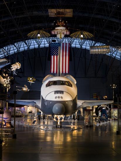 Front-facing view of the Space Shuttle Enterprise, a space shuttle previously displayed in the museum