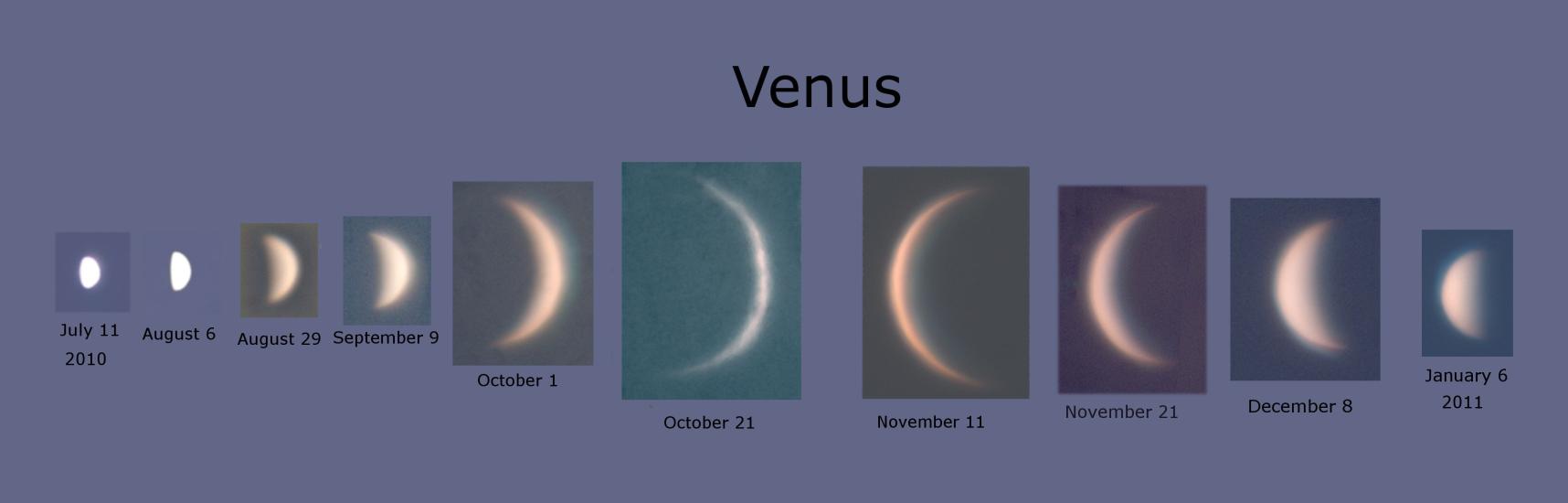 A collage of the phases of Venus visible from Earth.