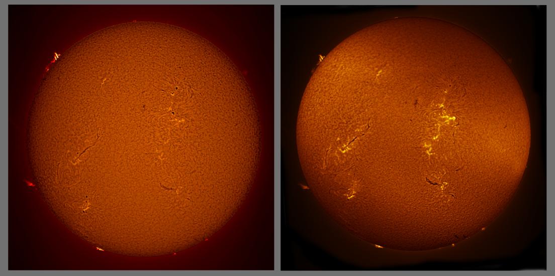 A comparison of images of the sun using different telescopes. The left image shows better examples of prominences, or plasma rising from the Sun's core gases, whereas the right image better highlights filaments of steam rising from the core gases and bright plages on the Sun.