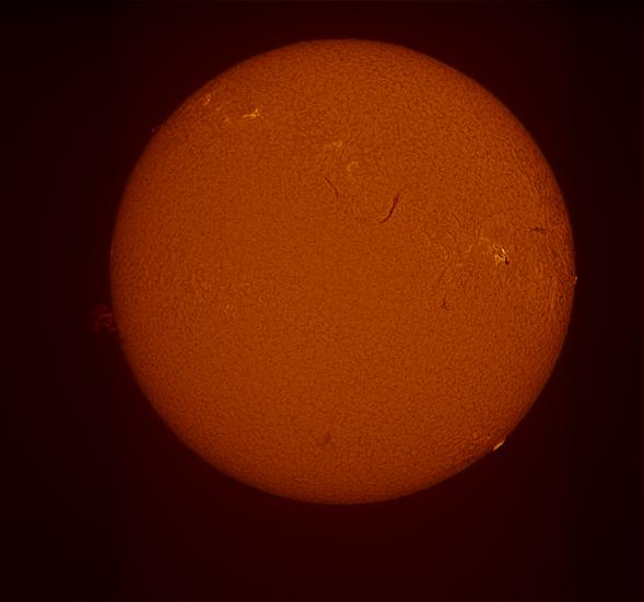 Disc image of the Sun which features prominences, sunspots, plages, and filaments throughout the disc.