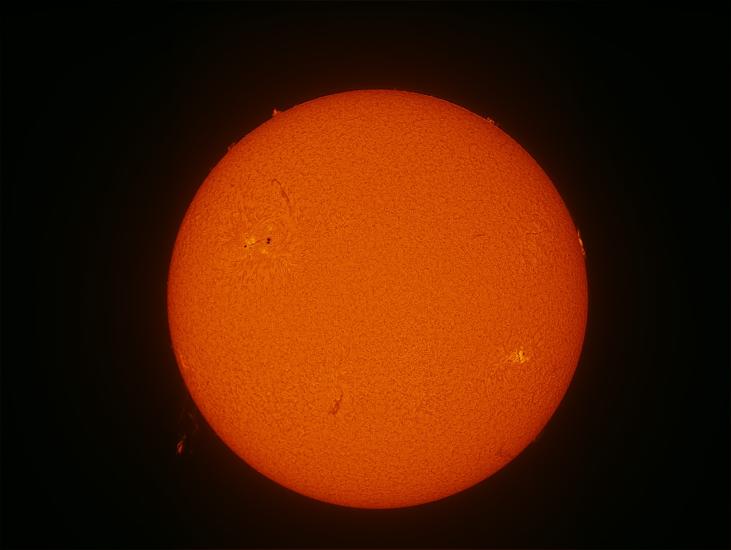 Disk view of the Sun with one faint prominence visible on the bottom left quadrant of the disk.