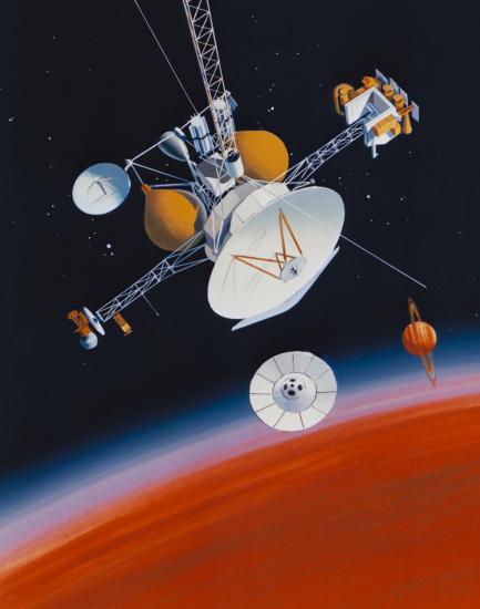 Artwork of the Saturn Orbitor, an uncrewed probe spacecraft, and the Titan Probe spacecraft, a spherical space probe, near Saturn.